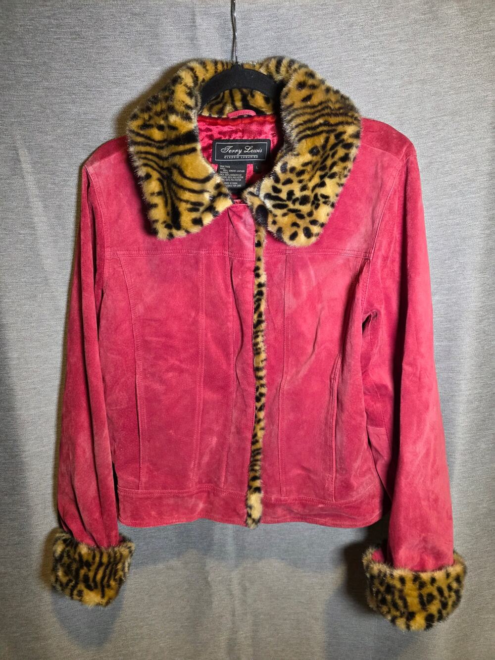 Terry Lewis Classic Luxuries Suede Leather Jacket Leopard Fur Trim Sz L
